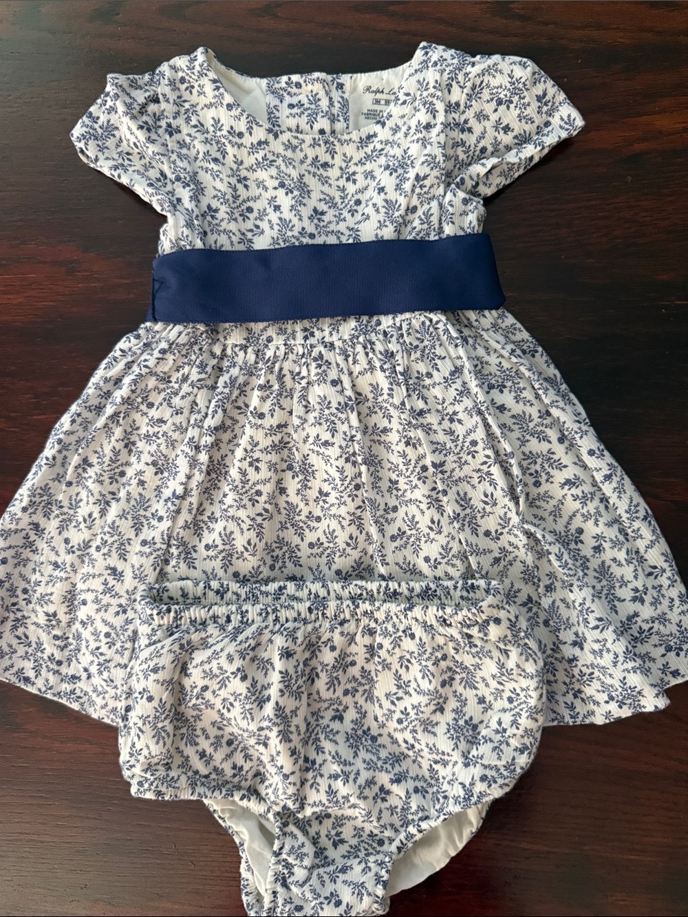 Ralph Lauren White and Navy Floral Cotton Dress with Sash and Bloomer